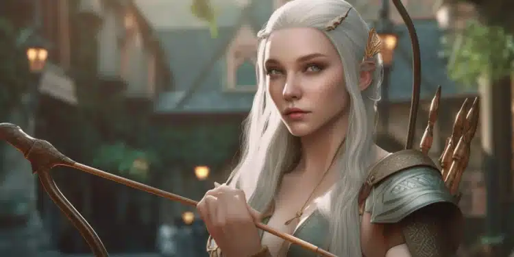 Zdroj: prompt: [renaissance art of a beautiful female elf holding bow and arrow, intensely gazing into the camera, fantasy village in the background --ar 16:9]
