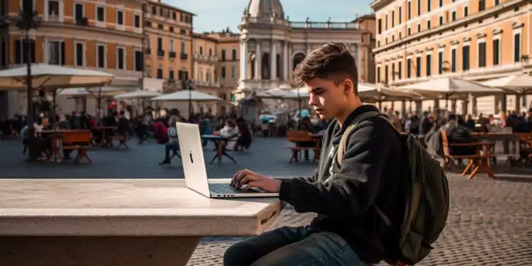Zdroj: prompt [young student working on computer in the centre of Rome]