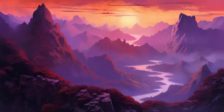 Zdroj: prompt [Stylized painting of a mountain range at sunrise in purple color]