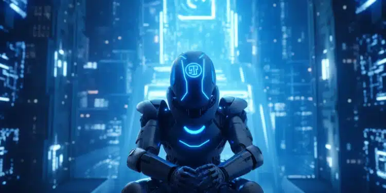Zdroj: prompt [An AI robot holding a copyright symbol, in the style of a modern digital illustration, set in a futuristic environment, under neon lighting, with a monochromatic blue color scheme, conveying a mood of contemplation and complexity, in a closeup composition]