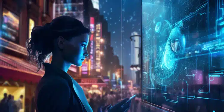 Zdroj: prompt [illustration of an artificial intelligence character in the environment of a digital cityscape, using a photo-realistic, Have the character interact with a holographic projection of a locked gate, paywall. The lighting, neon, giving a futuristic look. The colors, dominant]