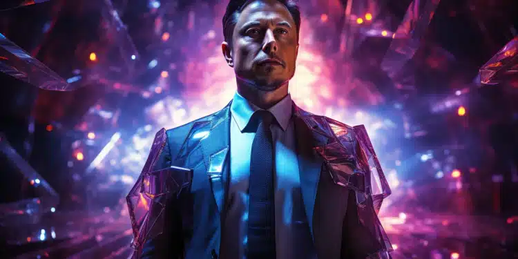 Zdroj: prompt [Portrait of Elon Musk whose half of his body is robotic, blue to purple crystal background, --ar 16:9 --stylize 500]
