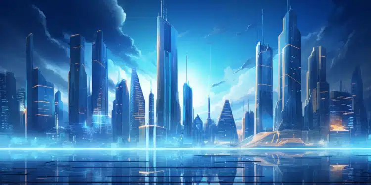 Zdroj: prompt [Create an illustration of a futuristic cityscape with AI, style of a modern digital painting. The environment should be outdoors, lighting, vibrant, scheme with shades of blue and silver to represent the technological, energetic, reflecting the innovative, AI, should]