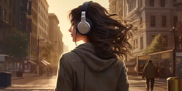 Zdroj: prompt [a beautiful woman wearing headphones, she is walking in the middle of the city while listening to the music, woman has jeans with short t-shirt and a thick mane of wavy dark brown hair, shot from behind, realistic, detailed, --ar 16:9]