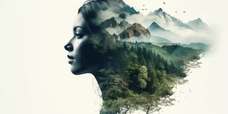 Zdroj: prompt [mountain hills with forest overlaid with a beautiful woman's profile, double exposure, --ar 16:9 --v 5.2]
