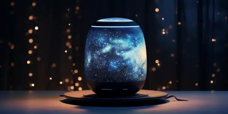 Zdroj: prompt [Visualize a contemporary smart speaker positioned in the center, with the surreal backdrop of a Milky Way starry night. The style should be reminiscent of Vincent Van Gogh's Starry Night, with swirling star formations and the delicate rendering of the cosmic space. The starlight should provide a soft yet luminous illumination, casting a gentle glow on the smart speaker. The color palette should rely heavily on shades of dark blue, midnight blue, and gleaming stars in whites and yellows. The speaker emits sound waves, visually interpreted as rippling waves of stardust that resonate through the cosmos. For the composition, use a medium-wide shot using a 50mm lens with the speaker centered, letting the backdrop engulf the scene and giving emphasis to the stardust ripples. --ar 16:9]