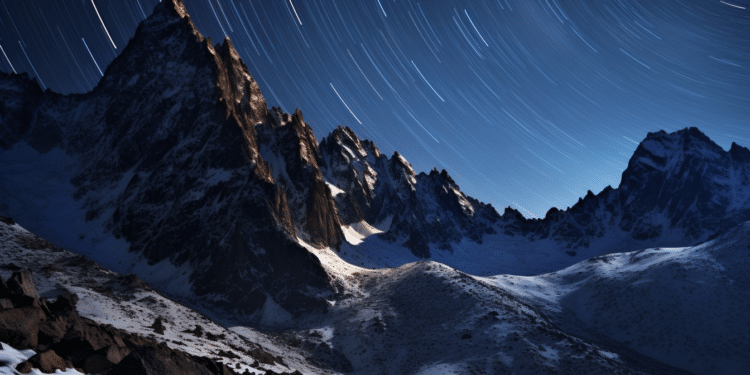 Zdroj: prompt [Astrolandscape, craggy mountain peaks piercing a star-studded velvet expanse, bird’s-eye perspective, Galen Rowell, Canon EOS 5D Mark IV, 24mm, f/4, ISO 6400, 3800K, golden spiral composition, moderate saturation, 25 seconds exposure, medium contrast, slight noise, skewed histogram emphasizing darkness, monochromatic, 25s. --ar 3:2 --v 5.2]