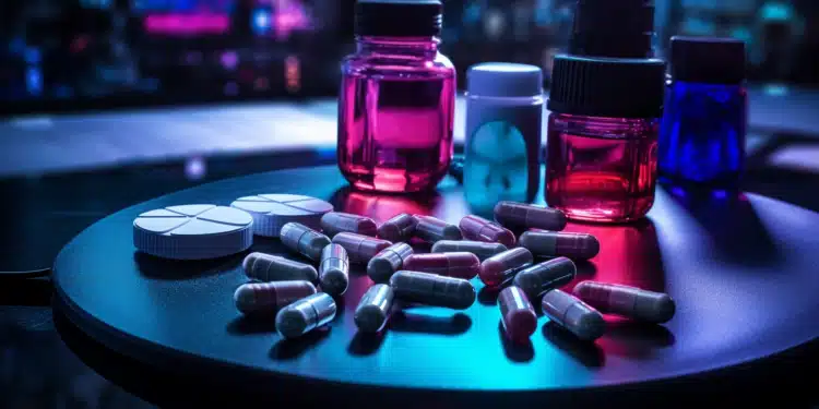 Zdroj: prompt [Assorted pills and capsules lying haphazardly beside a contemporary injection tool on a glass table. Medium: Digital art. Style: influenced by the neon aesthetics of the movie "Blade Runner". Lighting: neon blues and purples, reflecting off the table's surface. Colors: vibrant neon contrasts with stark whites and blacks. Composition: Shot using a 50mm lens, with a shallow depth of field, emphasizing the drugs in the foreground and blurring the background. --ar 16:9]