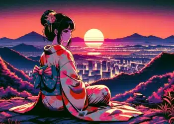 Woman in kimono sitting on the top of the mountain, 80s