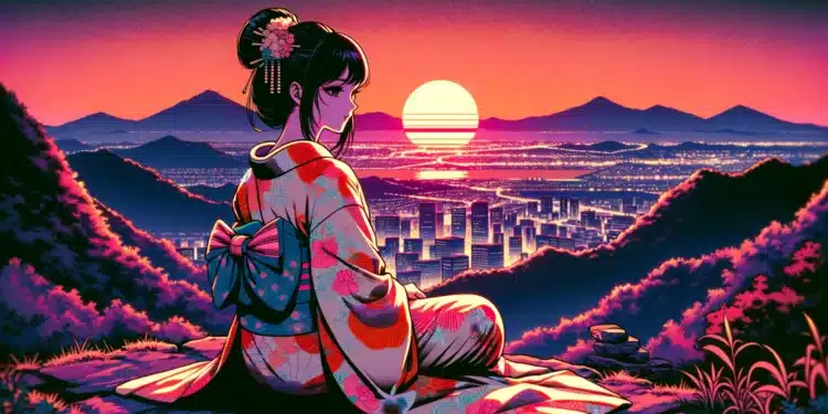 Woman in kimono sitting on the top of the mountain, 80s
