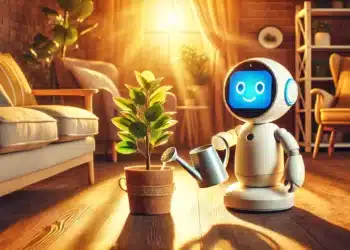 DALL-E 3: Robot zalévající květinu