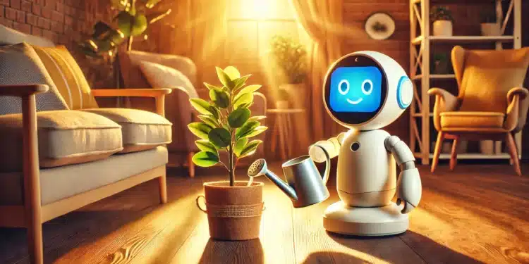 DALL-E 3: Robot zalévající květinu