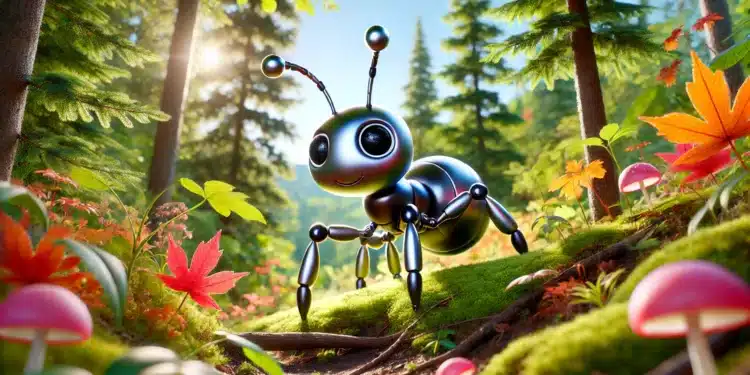 DALL-E 3: Robotický mravenec v lese