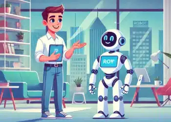 DALL-E 3: Člověk komunikující s robotem