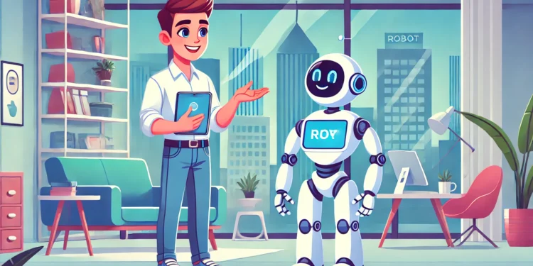 DALL-E 3: Člověk komunikující s robotem