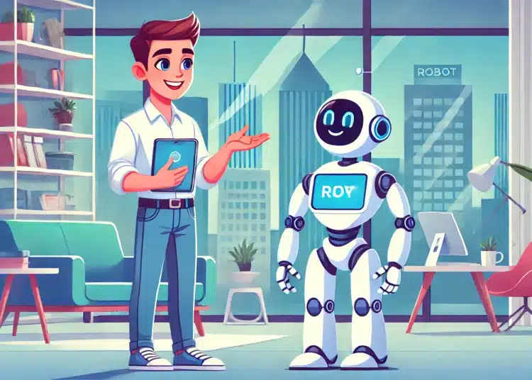 DALL-E 3: Člověk komunikující s robotem